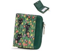 Sunpour Cartera pequeña para mujer con protección RFID, cartera delgada para mujer de piel vintage, cartera pequeña con cremallera, 2 ventanas de identificación y 6 compartimentos para tarjetas, gato