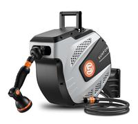 SUNPOW Enrollador Manguera Jardin de 15M, Manguera Enrollable con 10 Modos de Pulverización, Retracción Automática, Bloqueo de Longitud, Base de Pared 180° Giratorio