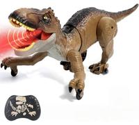Sunrad Juguete de dinosaurio a control remoto para niños de 3, 4, 5, 6, 7, 8, 9, juguete recargable y realista T-Rex con luces, sonidos y aerosol, dinosaurio RC con demostración de una tecla, regalo