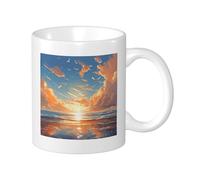 Sunrise - Juego de taza con impresión de paisaje natural, pájaro, mar, océano, nube, cielo, hermosa primavera, azul, naranja, porcelana, regalo, colección de empapado, oficina, gimnasio, escritorio