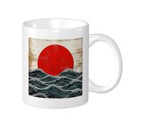 Sunrise - Juego de tazas con impresión retro japonesa, sol, bohemio, abstracto, olas, océano, mar, rojo, gris, azul oscuro, porcelana, té, reutilizable, escritorio, despensa, biblioteca, taza de café