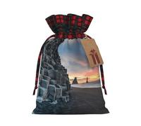 Sunrise On Reynisfjara Beach Printing Cute Color Matching Plaid Christmas Bag Drawstring Design For Christmas Party Gift Packaging