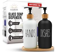 Sunrise Premium Dispensador de jabn de vidrio blanco y negro de 16 onzas de grosor, bomba de bamb con bandeja, paquete de 2 dispensadores de ja