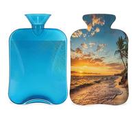 Sunrise Tropical Beach - Botella de agua caliente con funda esponjosa, 2 L, botella de playa de gran capacidad, bolsa de agua para noches acogedoras, alivio del dolor, espalda, cuello y hombros