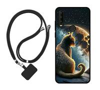 Sunrive Funda Compatible con Alcatel 3X 2019,Slim Fit Gel Mate Carcasa Case Bumper de Impactos y Anti-Arañazos Espalda Cover (Luna,Estrellas,Gato)+1 X Correa Universal