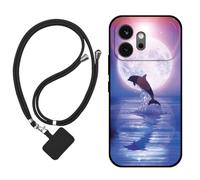 Sunrive Funda Compatible con Honor 600,Slim Fit Gel Mate Carcasa Case Bumper de Impactos Espalda Cover (Luna,Delfines,Mar)+1 X Correa Universal