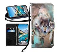 Sunrive Funda Compatible con Honor 600E, Cuero Artificial Sintético Protectiva Carcasa Resistente Cierre Magnético,en Folio,Soporte Plegable(Lobo Atrapasueños B1)
