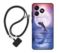 Sunrive Funda Compatible con Honor X5d Plus/X5d,Slim Fit Gel Mate Carcasa Case Bumper de Impactos Espalda Cover (Luna,Delfines,Mar)+1 X Correa Universal