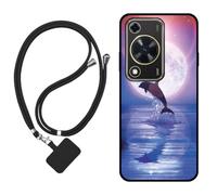 Sunrive Funda Compatible con Huawei Nova Y63,Slim Fit Gel Mate Carcasa Case Bumper de Impactos Espalda Cover (Luna,Delfines,Mar)+1 X Correa Universal