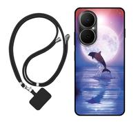 Sunrive Funda Compatible con Huawei Nova Y73s,Slim Fit Gel Mate Carcasa Case Bumper de Impactos Espalda Cover (Luna,Delfines,Mar)+1 X Correa Universal
