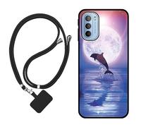 Sunrive Funda Compatible con Motorola Moto G31,Slim Fit Gel Mate Carcasa Case Bumper de Impactos y Anti-Arañazos Espalda Cover (Luna,Delfines,Mar)+1 X Correa Universal