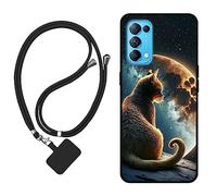 Sunrive Funda Compatible con OPPO Find X3 Lite 5G,Slim Fit Gel Mate Carcasa Case Bumper de Impactos y Anti-Arañazos Espalda Cover (Luna,Estrellas,Gato)+1 X Correa Universal