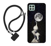 Sunrive Funda Compatible con Samsung Galaxy A22 5G,Slim Fit Gel Mate Carcasa Case Bumper de Impactos y Anti-Arañazos Espalda Cover (Sombra de Espalda,Luna,Estrellas)+1 X Correa Universal