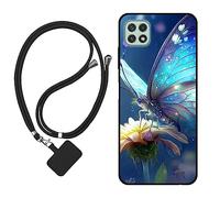 Sunrive Funda Compatible con Samsung Galaxy A22 5G,Slim Fit Gel Mate Carcasa Case Bumper de Impactos y Anti-Arañazos Espalda Cover (Mariposa,Flor)+1 X Correa Universal