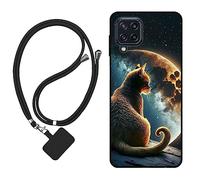 Sunrive Funda Compatible con Samsung Galaxy M32 4G,Slim Fit Gel Mate Carcasa Case Bumper de Impactos y Anti-Arañazos Espalda Cover (Luna,Estrellas,Gato)+1 X Correa Universal