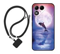 Sunrive Funda Compatible con Tecno Pova 8,Slim Fit Gel Mate Carcasa Case Bumper de Impactos Espalda Cover (Luna,Delfines,Mar)+1 X Correa Universal