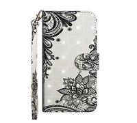 Sunrive Funda para Huawei Nova Plus, Cuero Artificial Sintético Protectiva Carcasa Resistente Cierre Magnético,en Folio,Soporte Plegable(Flores Negras) + 1x Lápiz óptico