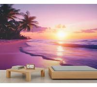 Sunset Beach Wall Mural, Tropical Palm Tree Wallpaper for Living Room Bedroom, Coastal Beach 450x315cm (Not Peel n' Stick)