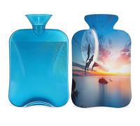 Sunset Dolphins - Botella de agua caliente con funda esponjosa, 2 l, gran capacidad, diseño de delfines marinos, bolsa de agua para noches acogedoras, alivio del dolor, espalda, cuello y hombros