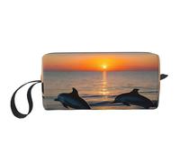 Sunset Dolphins - Neceser de viaje con estampado de delfines, bolsa para lápices, bolsa de maquillaje de lona, bolsa de cosméticos multiusos con cremallera, Blanco, Talla única