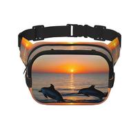 Sunset Dolphins - Riñonera cuadrada de doble capa con cinturón ajustable para ejercicio, correr, viajes, senderismo, Negro -, Talla única