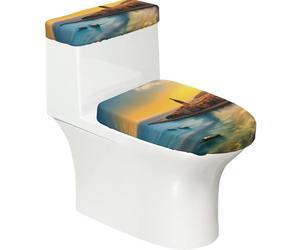 Sunset in Barcelona - Juego de 2 fundas elásticas para inodoro, tapa elástica y cubierta para tanque para baño, suave, lavable, decoración de inodoro en forma de U