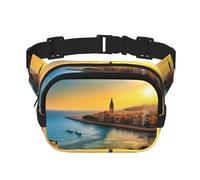 Sunset in Barcelona - Riñonera cuadrada de doble capa con correa ajustable para actividades al aire libre, color negro, talla única, Black, Talla única