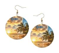 Sunset - Juego de aretes de cuero con estampado de palmera hawaiana para mujer, 1 par de aretes perforados bohemios ligeros, regalo de joyería para mujeres y niñas