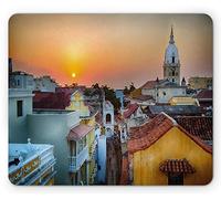 Sunset Mouse Pad, vista sobre los tejados de la ciudad vieja Catedral de Cartagena Imagen de la costa colombiana, Rectángulo de tamaño estándar Alfombrilla de goma antideslizante, Multicolor