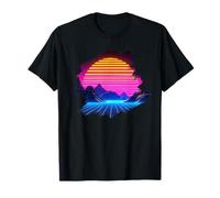 Sunset Over Canyon And Grid Montañas Paisaje Synthwave Camiseta