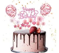 Sunshine smile Decoración para Tarta de Rosa,Topper Decoración,Partido Tartas de Decoración,Abanicos de Papel Globos Confeti,Happy Birthday Adornos Tartas,Decoración de Pastel de Cumpleaños