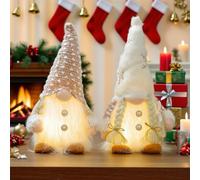 Sunshine smile Gnomo Muñecos de Navidad 2 Piezas, Luces de Adornos De Navidad Gnomo de Peluche Sueco con Luz Led, Adorno De Mesa Navideño para Puerta Chimeneas Mesa