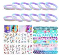 Sunshine smile Pulsera Sirena,34 PCS,Pulsera de Goma con Diseño de Sirena,Sirena Party Favor Set,Sirena Slap Pulseras Niña,Sirena Tatuajes Temporales,Sirena Cumpleaños Party Accesorios (Violeta Azul)
