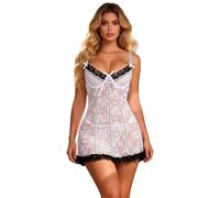 sunshinelady Camisón para mujer de encaje sexy, minivestido sin mangas, camisón de noche tallas grandes, babydoll con aros push up corto, ropa interior con escote en V, lencería transparente con
