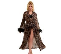 sunshinelady Leopard Sexy Bata Mujer Bata Larga con Plumas Kimono Albornoz para Mujer Ropa de Dormir Camisón Pijamas Negligee con Cinturón Gasa Elegante Transparente Tallas Grandes S-2XL, leopardo