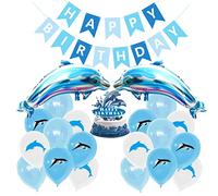 SUNSK Delfines Globos Happy Birthday Banner Azul Redondo Globo de Látex Delfines Adornos para Tartas para Niñas Decoración para Fiestas de Cumpleaños (22 Piezas)