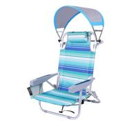SunsoilGiant Asiento de Playa Plegable Silla de Playa con Sombrilla Incorporada Compartimiento Térmico y Solidez Reforzada Adecuado para Tomar Sol Leer Descansar al Aire Libre, Rayas Azul Verdoso