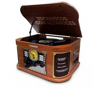 Sunstech Tocadiscos de vinilo de madera con conexión inalámbrica y altavoces estéreo 2.5 W | Giradiscos 3 velocidades 33/45/78 RPM | Reproductor CD, MP3, casete, radio AM/FM, USB y SD | Grabación MP3
