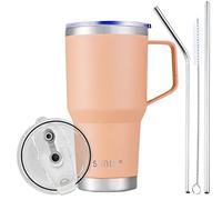 SUNTQ 30oz Vaso de 850 ml con asa - Taza de café de viaje reutilizable con paja, tapa - Taza de café aislada al vacío de doble pared - Taza térmica de acero inoxidable (rosa claro)
