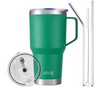 SUNTQ Taza de café aislada de acero inoxidable de 30 onzas con asa, taza de viaje al vacío de doble pared con tapa y popote, taza de café térmica reutilizable, vaso de café portátil (verde)
