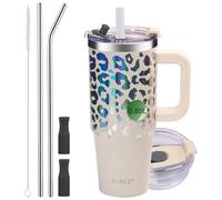 SUNTQ - Taza isotérmica de 30 oz con pajita y apuñeca, vaso de paja de oficina y coche, de acero inoxidable, elegante y duradero, vaso térmico para bebidas frías y calientes (leopardo marfil)