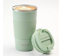 SUNTQ Tazas de café reutilizables de viaje, taza de viaje de café con tapa a prueba de fugas, taza térmica aislada,Taza de viaje de acero inoxidable con agarre de goma, 17 onzas/510 ml, verde menta