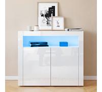 SUNXURY Cómoda de color blanco brillante, armario de cocina con LED, aparador de 2 puertas, diseño sin tiradores, para cocina, pasillo, dormitorio, 108 x 92 x 40 cm (ancho x alto x profundo)