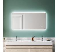 SUNXURY Espejo de baño LED con reloj, 120 x 60 cm, iluminación, indicador de temperatura y función táctil, espejo de baño blanco frío, IP44