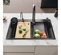 SUNXURY Fregadero de cocina de acero inoxidable, 75 × 45 cm, juego de fregadero empotrado con grifo, bandeja de goteo, escurridor, lavavajillas para vasos, colador, juego de desagüe, tabla de cortar
