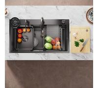 SUNXURY Fregadero de cocina de acero inoxidable, 80 × 45 cm, juego de fregadero empotrado con grifo, bandeja de goteo, escurridor, lavavajillas para vasos, colador, juego de desagüe, tabla de cortar