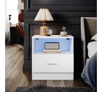 SUNXURY Mesita de noche blanca brillante con iluminación LED, mesa auxiliar con cajón, 45 x 46,5 x 35 cm, armario bajo con compartimentos abiertos y espacio de almacenamiento