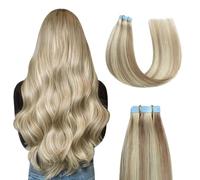 Sunya Extensiones de pelo rubio ceniza con cinta en las extensiones de pelo rubio ceniza con rubio blanqueador, 40 cm, invisibles, rectas, #P18/613, 40 g, 20 unidades