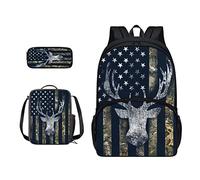 Suobstales Mochila escolar 3 en 1 con estampado de bandera americana, mochila de viaje con diseño de camuflaje de ciervo, bolsa de almuerzo aislada + estuche para lápices