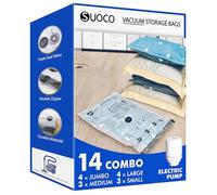 SUOCO Bolsas al Vacío Ropa, Juego de 14 Bolsas (4J + 4L + 3M + 3S) con Bomba Eléctrica, Bolsas de Almacenaje al Vacío para Ropa y Edredones, Viaje y Hogar, Resistente y Reutilizable